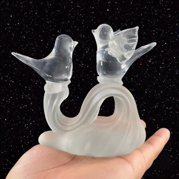 Vintage Art Glass Clear Love Bird Sculpture Figurine A Frosted Tree Branch Glass - Picture 9 of 11